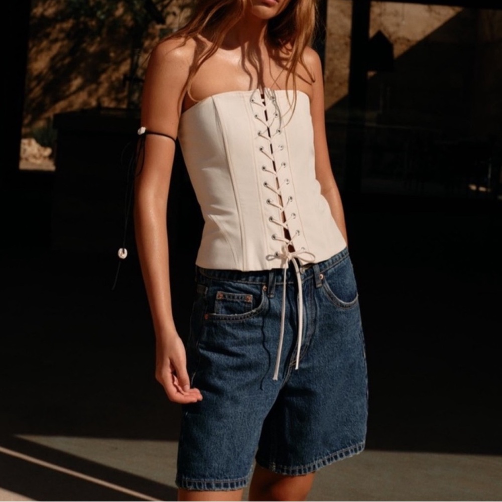 Zara White Lace-Up Strapless Top size Mediums